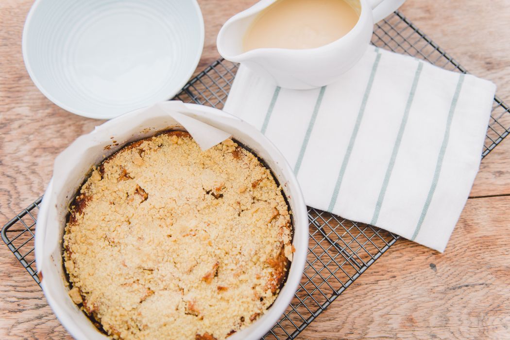 Apple Crumble Cake with Caramel Custard